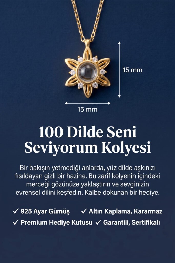 100 Dilde Seni Seviyorum Çiçek 925 Ayar Gümüş Kolye | 18 Ayar Vermeil Premium Sarı Altın Kaplama