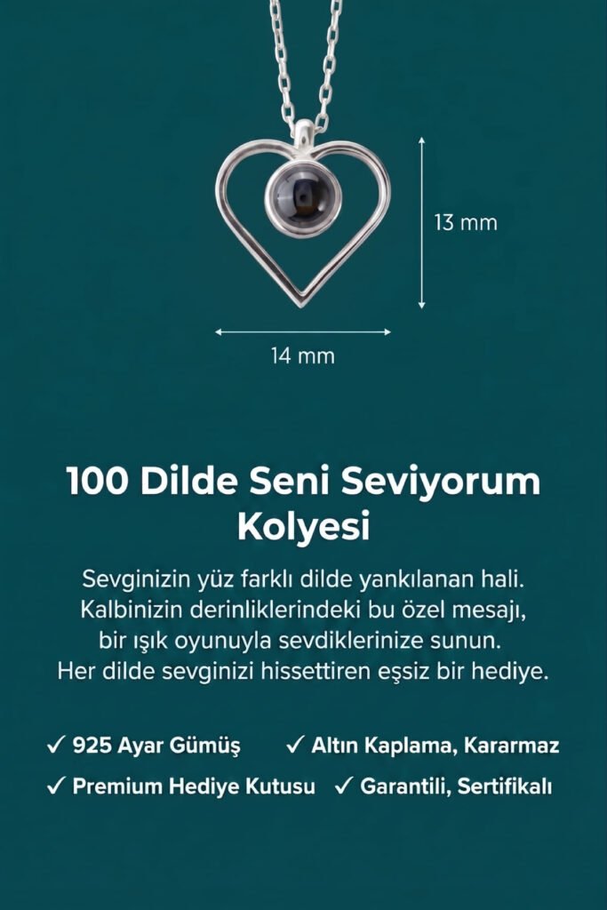 100 Dilde Seni Seviyorum Kalp 925 Ayar Gümüş Kolye | 18 Ayar Vermeil Premium Beyaz Altın Kaplama