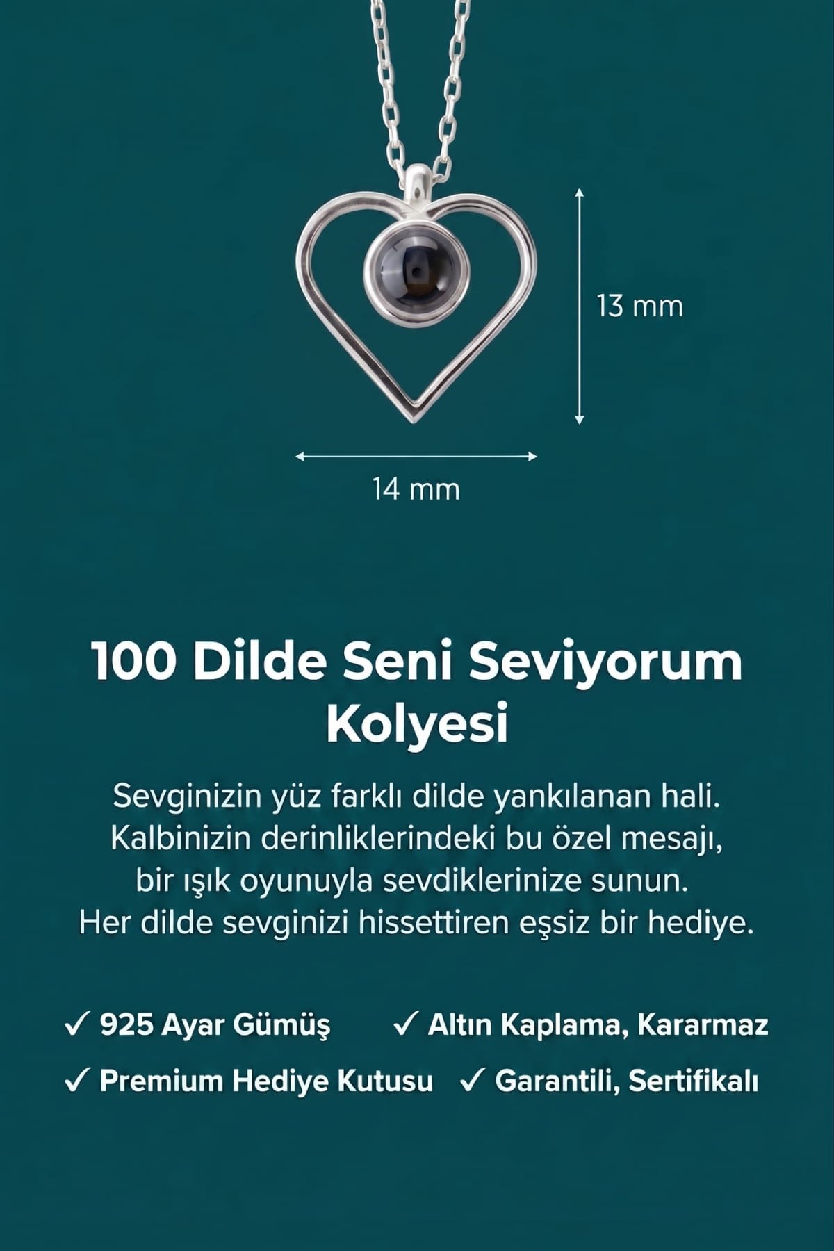 Jewelmim 100 Dilde Seni Seviyorum Kalp Beyaz Altın Kaplama Gümüş Kolye Kullanım Detay Çekimi, hediye gümüş kolye modelleri