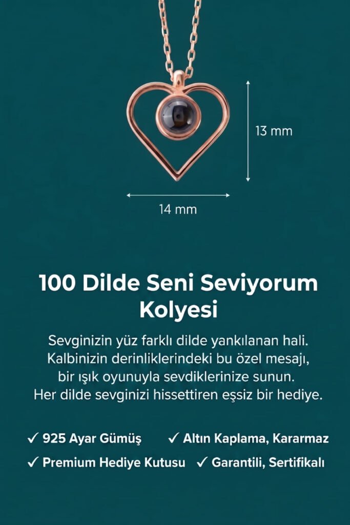100 Dilde Seni Seviyorum Kalp 925 Ayar Gümüş Kolye | 18 Ayar Vermeil Premium Rose Altın Kaplama