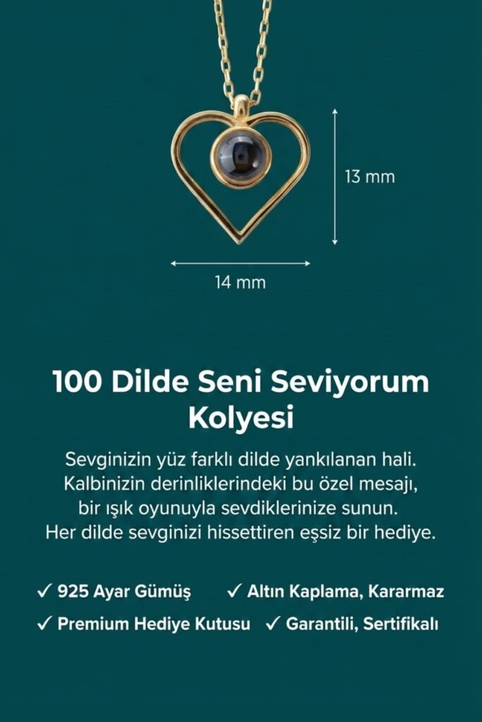 100 Dilde Seni Seviyorum Kalp 925 Ayar Gümüş Kolye | 18 Ayar Vermeil Premium Sarı Altın Kaplama