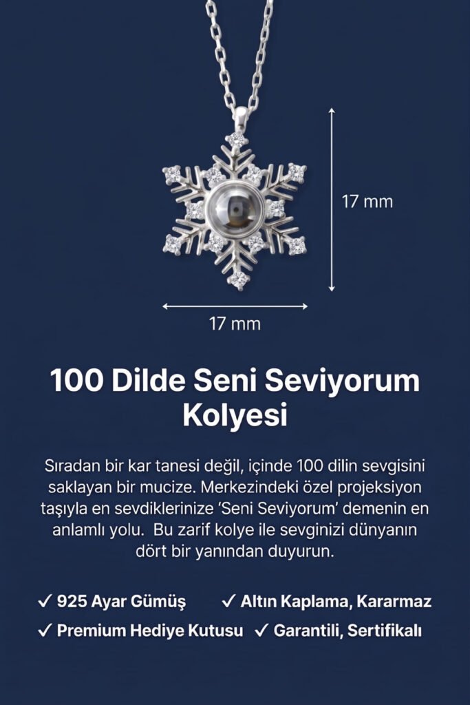 100 Dilde Seni Seviyorum Kar Tanesi 925 Ayar Gümüş Kolye | 18 Ayar Vermeil Premium Beyaz Altın Kaplama