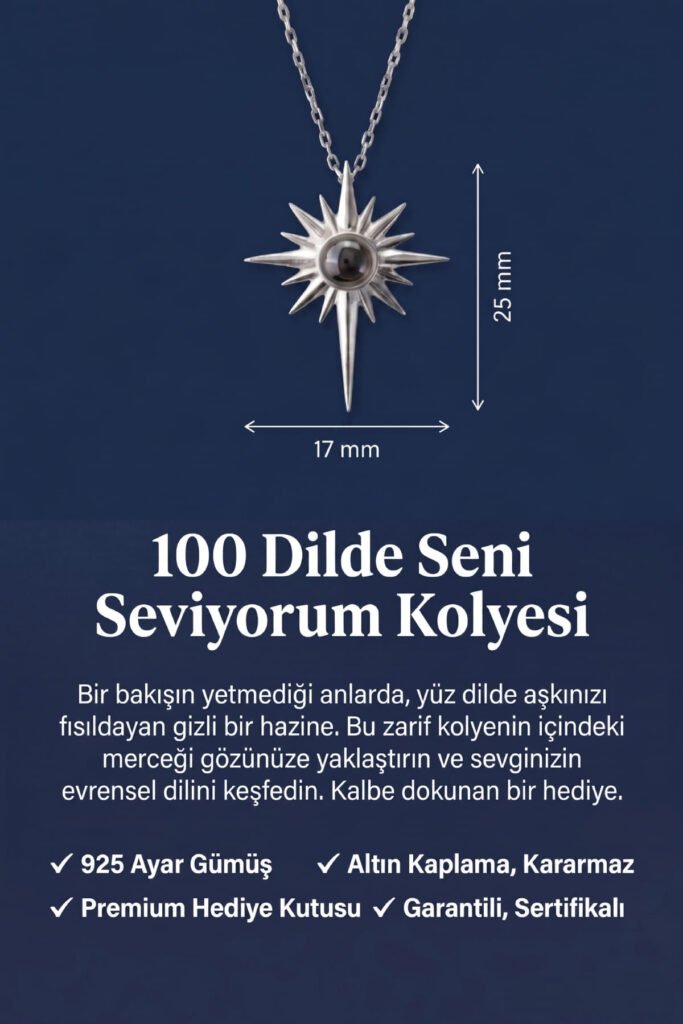100 Dilde Seni Seviyorum Kutup Yıldızı 925 Ayar Gümüş Kolye | 18 Ayar Vermeil Premium Beyaz Altın Kaplama