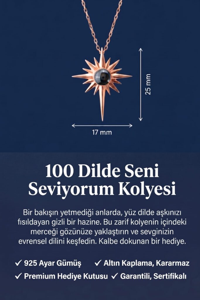 100 Dilde Seni Seviyorum Kutup Yıldızı 925 Ayar Gümüş Kolye | 18 Ayar Vermeil Premium Rose Altın Kaplama