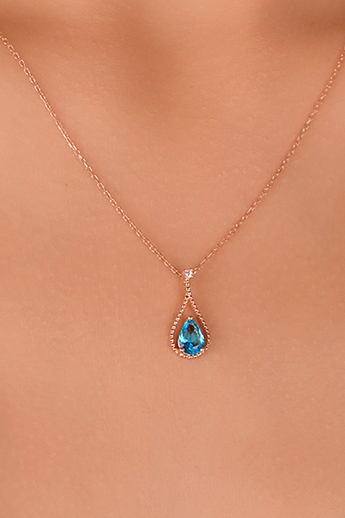 Jewelmim Akuamarin Mavisi Su Damlası Rose Altın Kaplama Gümüş Kolye, şık gümüş kolye modelleri, sevgiliye gümüş kolye hediyesi