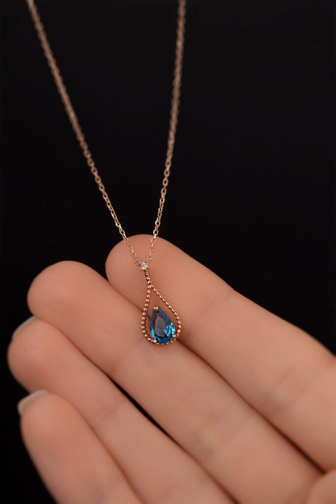 Akuamarin Mavisi Su Damlası 925 Ayar Gümüş Kolye | 18 Ayar Vermeil Premium Rose Altın Kaplama