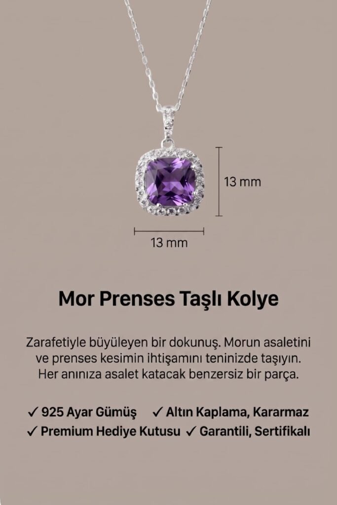 Ametist Moru Prenses Kesim 925 Ayar Gümüş Kolye | 18 Ayar Vermeil Premium Beyaz Altın Kaplama