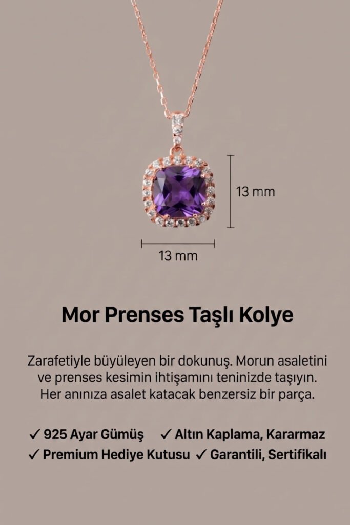 Ametist Moru Prenses Kesim 925 Ayar Gümüş Kolye | 18 Ayar Vermeil Premium Rose Altın Kaplama