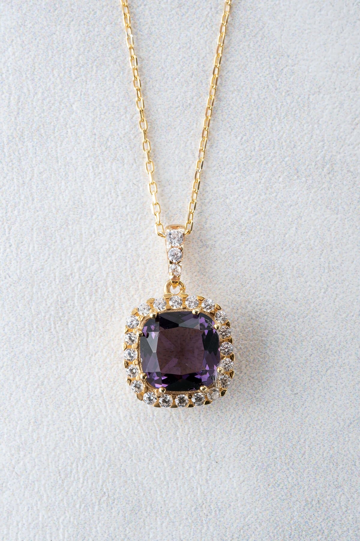 Jewelmim Ametist Moru Prenses Kesim Sarı Altın Kaplama Gümüş Kolye, şık gümüş kolye modelleri, sevgiliye gümüş kolye hediyesi
