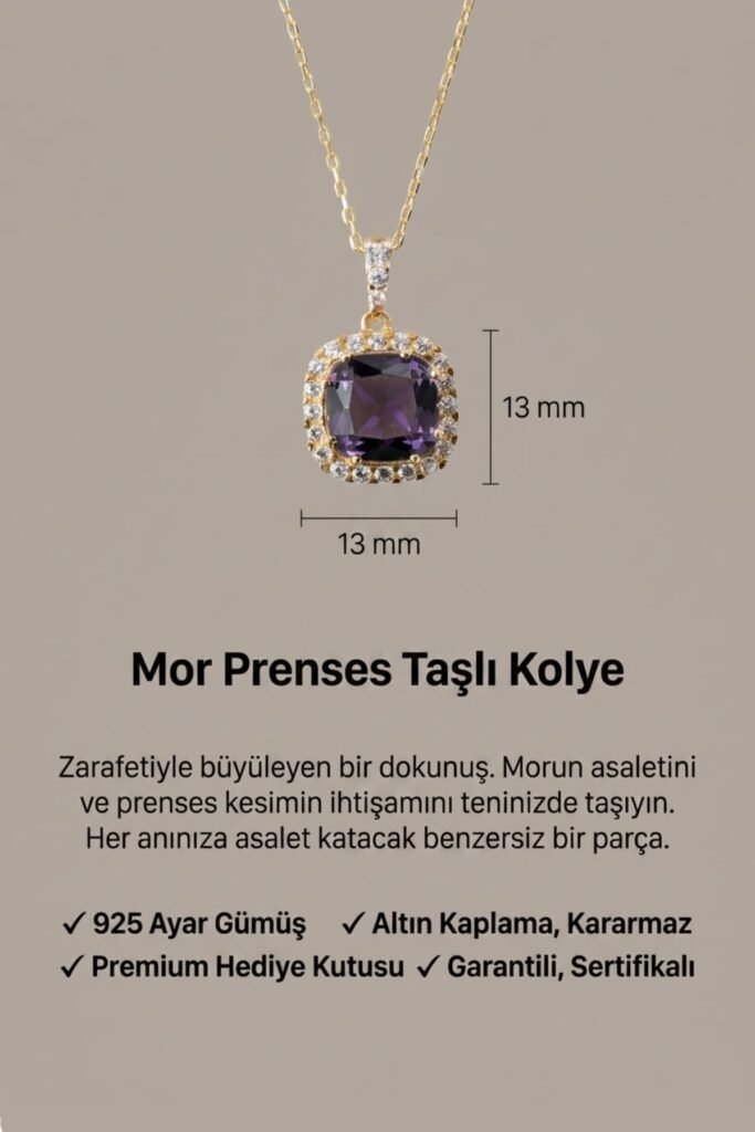 Ametist Moru Prenses Kesim 925 Ayar Gümüş Kolye | 18 Ayar Vermeil Premium Sarı Altın Kaplama