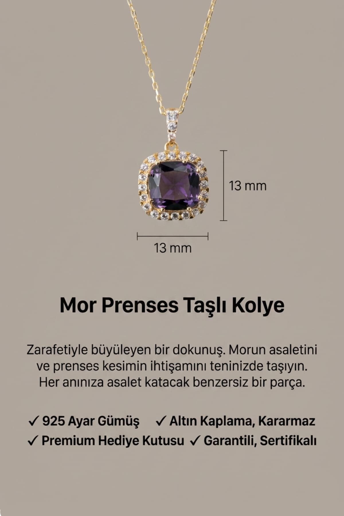 Jewelmim Ametist Moru Prenses Kesim Sarı Altın Kaplama Gümüş Kolye Duruş Detay Çekimi, anneye gümüş kolye hediyesi, zarif gümüş kolye modelleri