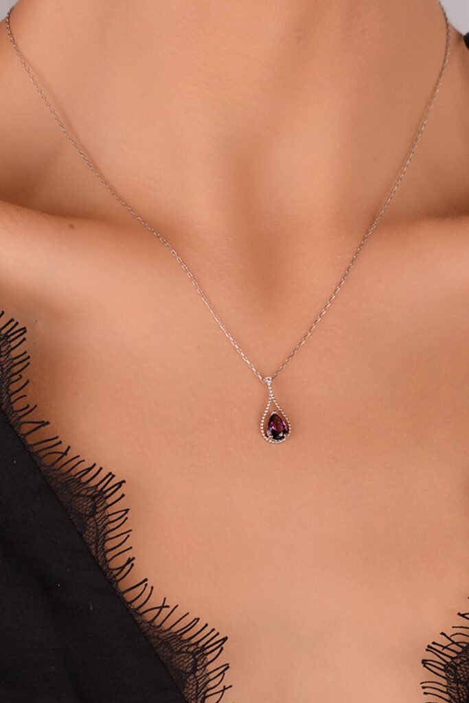 Ametist Moru Su Damlası 925 Ayar Gümüş Kolye | 18 Ayar Vermeil Premium Beyaz Altın Kaplama
