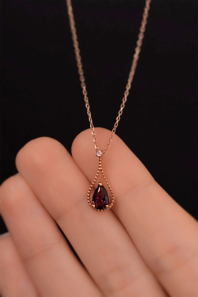 Ametist Moru Su Damlası 925 Ayar Gümüş Kolye | 18 Ayar Vermeil Premium Rose Altın Kaplama