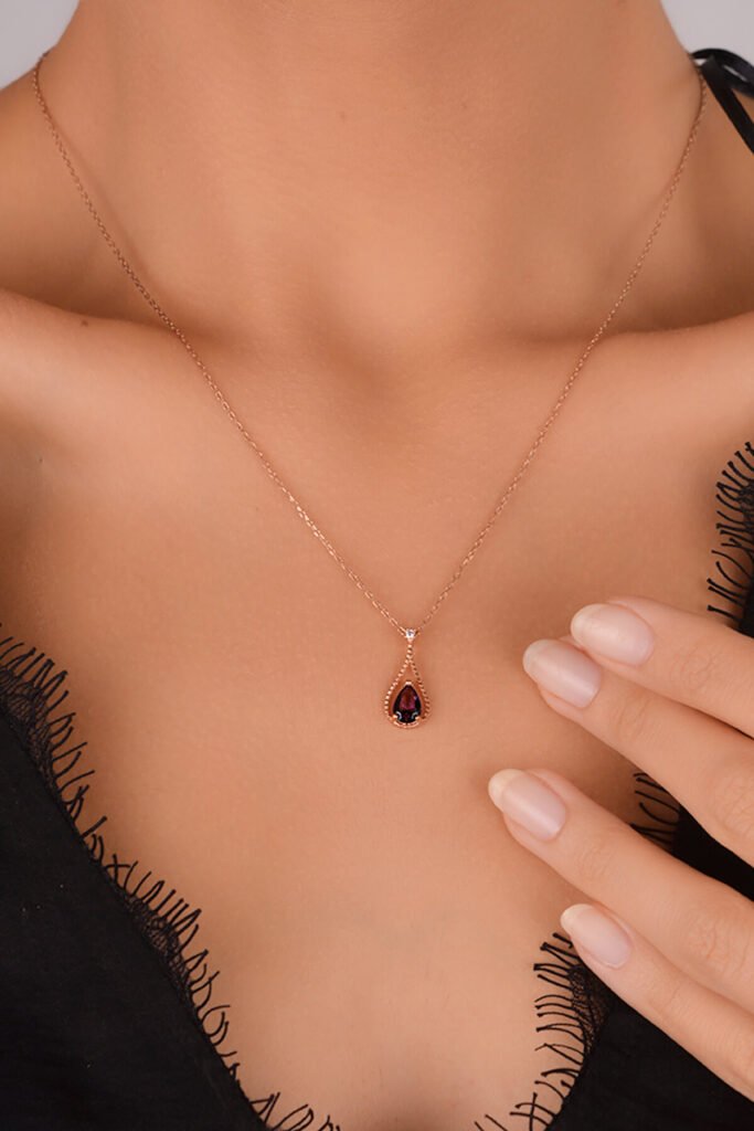 Ametist Moru Su Damlası 925 Ayar Gümüş Kolye | 18 Ayar Vermeil Premium Rose Altın Kaplama
