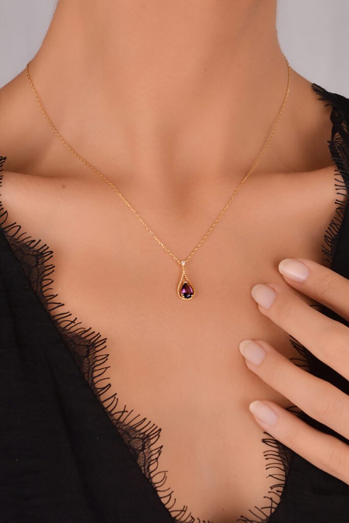 Ametist Moru Su Damlası 925 Ayar Gümüş Kolye | 18 Ayar Vermeil Premium Sarı Altın Kaplama