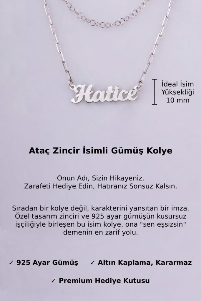 Kişiye Özel Ataç Zincir İsim 925 Ayar Gümüş Kolye | 18 Ayar Vermeil Premium Beyaz Altın Kaplama