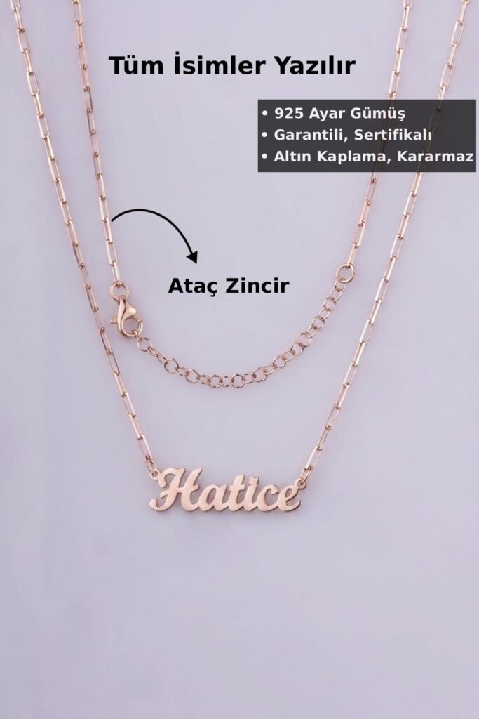 Jewelmim Kişiye Özel Ataç Zincir İsim Rose Altın Kaplama Gümüş Kolye, şık gümüş kolye modelleri, sevgiliye gümüş kolye hediyesi