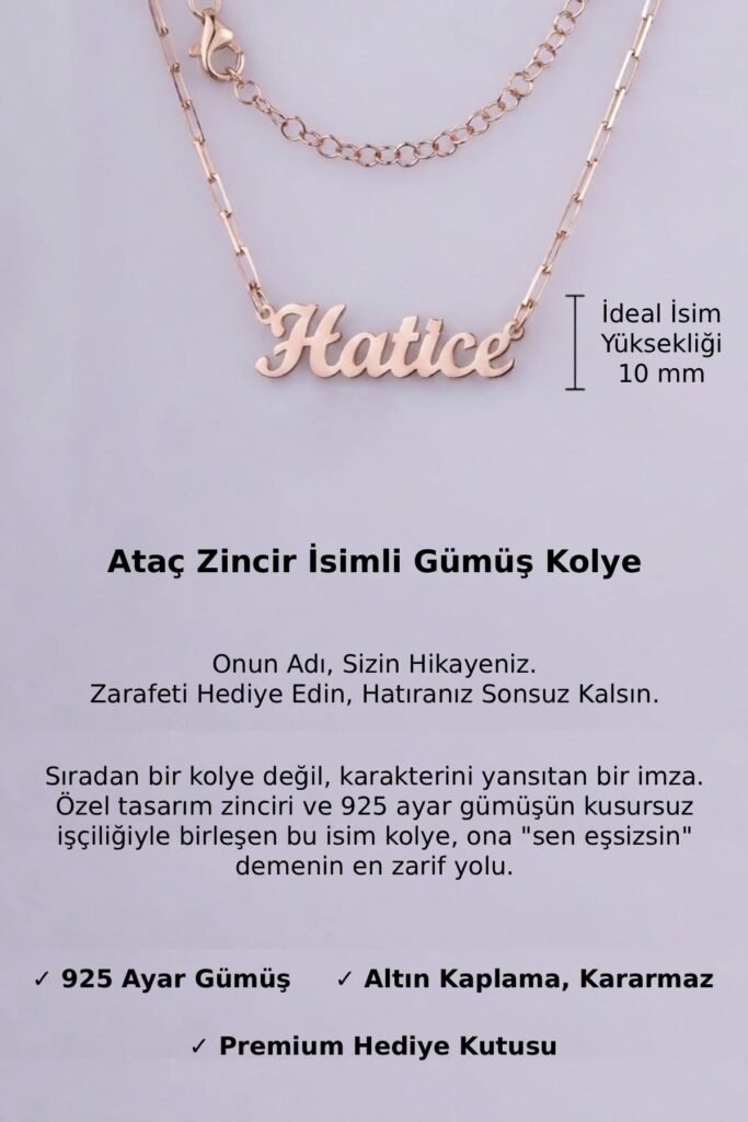Jewelmim Kişiye Özel Ataç Zincir İsim Rose Altın Kaplama Gümüş Kolye Detay Çekimi, eşe gümüş kolye hediyesi, en güzel kolye modelleri