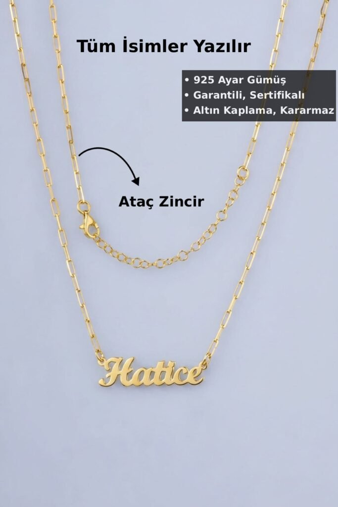 Kişiye Özel Ataç Zincir İsim 925 Ayar Gümüş Kolye | 18 Ayar Vermeil Premium Sarı Altın Kaplama