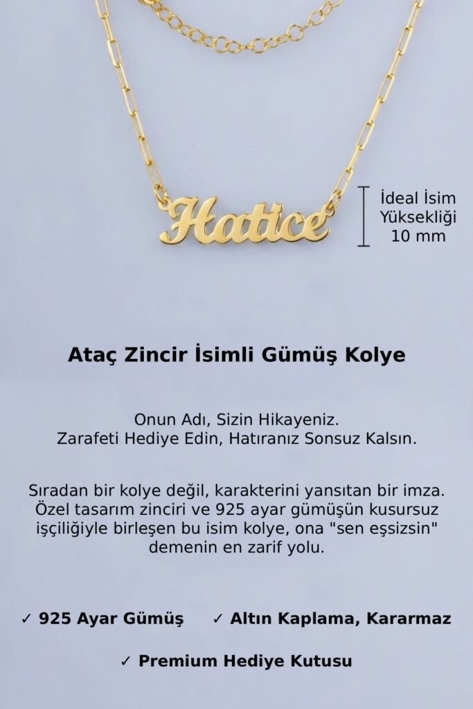 Kişiye Özel Ataç Zincir İsim 925 Ayar Gümüş Kolye | 18 Ayar Vermeil Premium Sarı Altın Kaplama