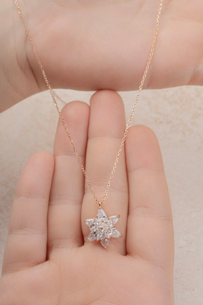 Beyaz Taşlı Lotus Çiçeği 925 Ayar Gümüş Kolye | 18 Ayar Vermeil Premium Rose Altın Kaplama
