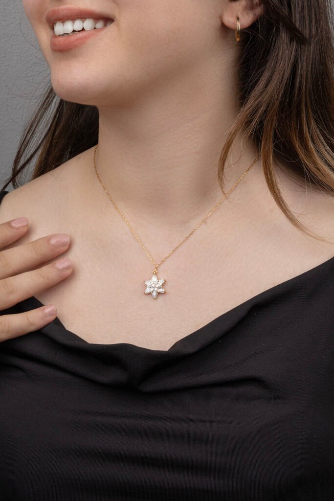Beyaz Taşlı Lotus Çiçeği 925 Ayar Gümüş Kolye | 18 Ayar Vermeil Premium Sarı Altın Kaplama