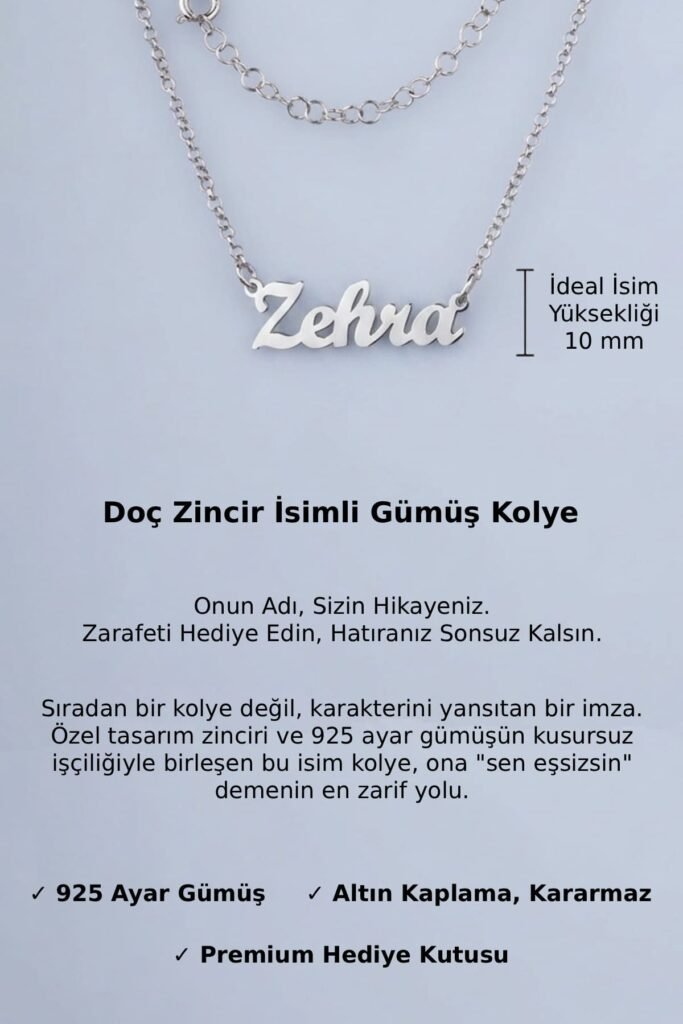 Kişiye Özel Doç Zincir İsim 925 Ayar Gümüş Kolye | 18 Ayar Vermeil Premium Beyaz Altın Kaplama