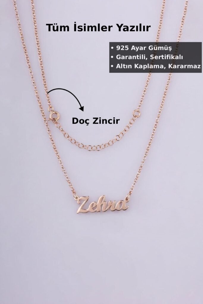Jewelmim Kişiye Özel Doç Zincir İsim Rose Altın Kaplama Gümüş Kolye, şık gümüş kolye modelleri, sevgiliye gümüş kolye hediyesi