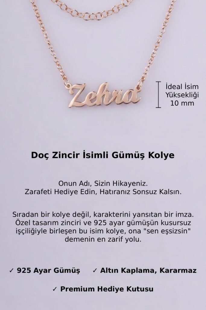 Jewelmim Kişiye Özel Doç Zincir İsim Rose Altın Kaplama Gümüş Kolye Detay Çekimi, eşe gümüş kolye hediyesi, en güzel kolye modelleri
