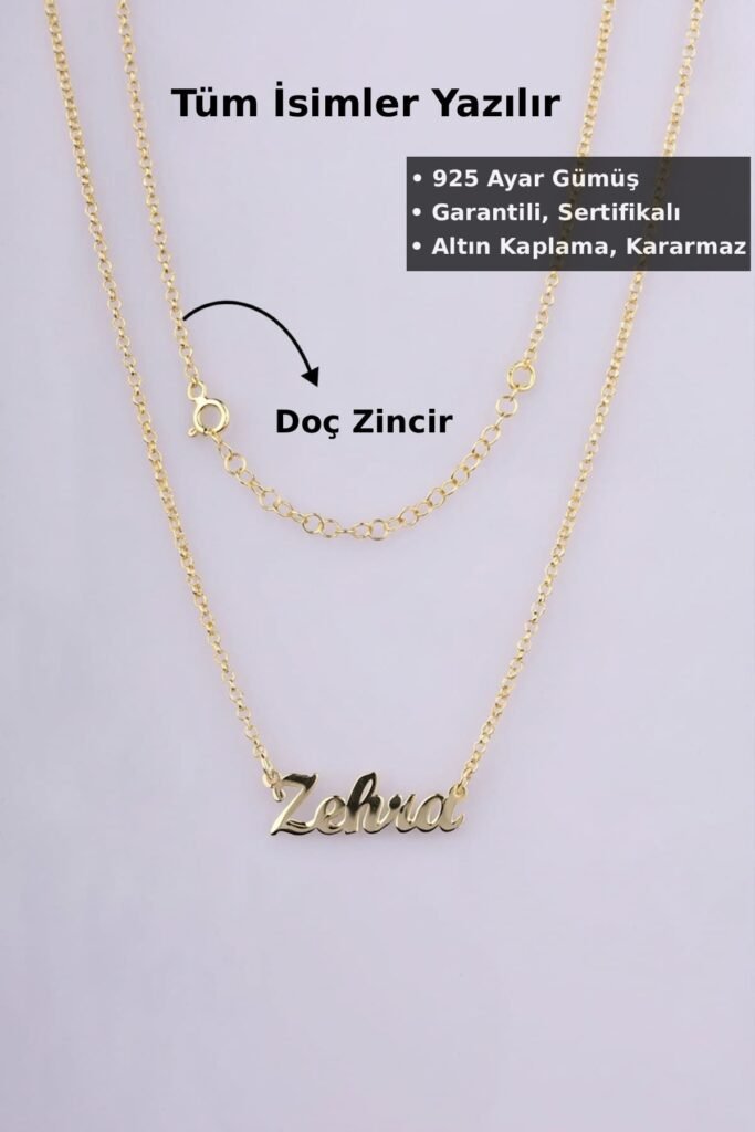 Jewelmim Kişiye Özel Doç Zincir İsim Sarı Altın Kaplama Gümüş Kolye, şık gümüş kolye modelleri, sevgiliye gümüş kolye hediyesi