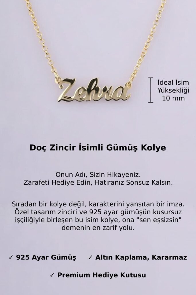 Jewelmim Kişiye Özel Doç Zincir İsim Sarı Altın Kaplama Gümüş Kolye Detay Çekimi, eşe gümüş kolye hediyesi, en güzel kolye modelleri