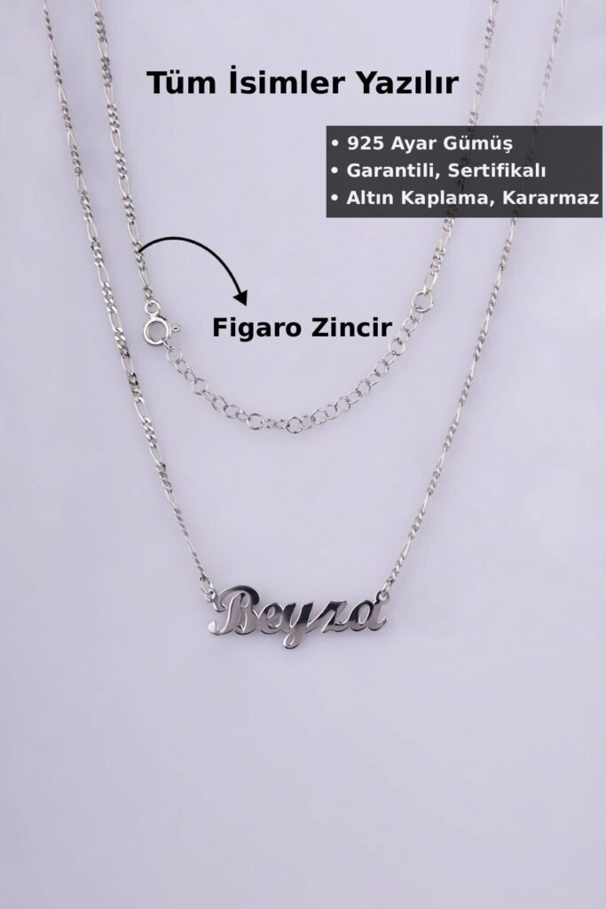 Kişiye Özel Figaro Zincir İsim 925 Ayar Gümüş Kolye | 18 Ayar Vermeil Premium Beyaz Altın Kaplama