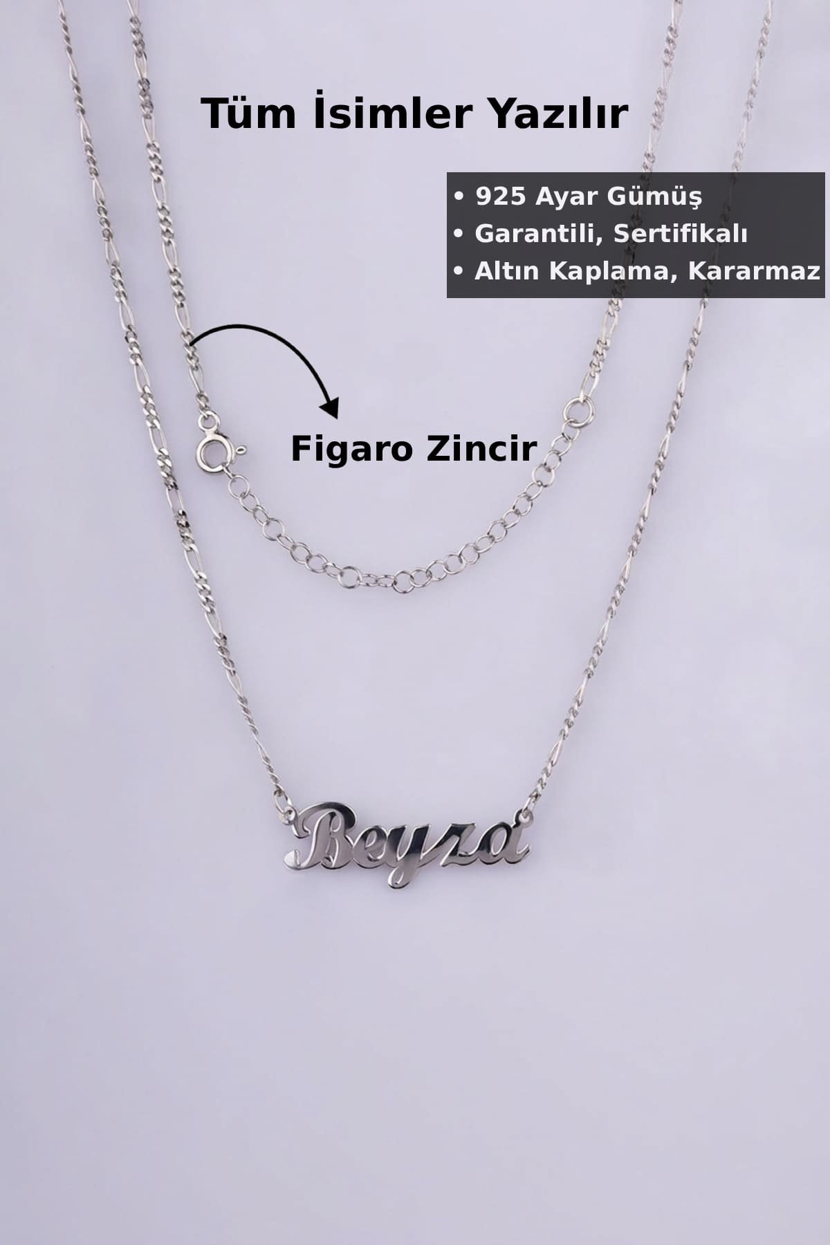 Jewelmim Kişiye Özel Figaro Zincir İsim Beyaz Altın Kaplama Gümüş Kolye, şık gümüş kolye modelleri, sevgiliye gümüş kolye hediyesi
