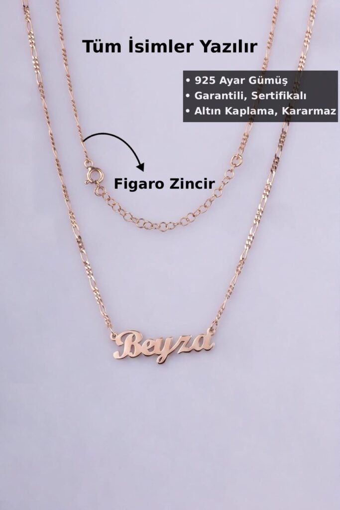 Kişiye Özel Figaro Zincir İsim 925 Ayar Gümüş Kolye | 18 Ayar Vermeil Premium Rose Altın Kaplama