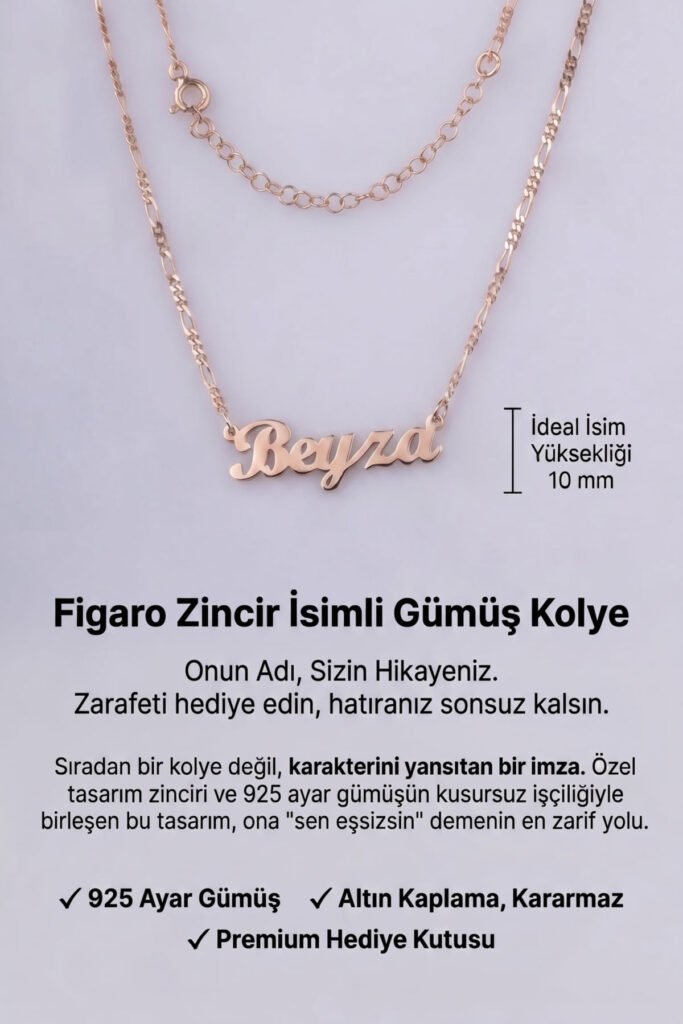 Kişiye Özel Figaro Zincir İsim 925 Ayar Gümüş Kolye | 18 Ayar Vermeil Premium Rose Altın Kaplama