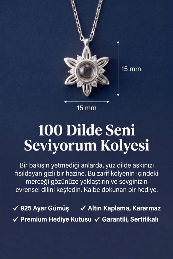 100 Dilde Seni Seviyorum Çiçek 925 Ayar Gümüş Kolye | 18 Ayar Vermeil Premium Beyaz Altın Kaplama