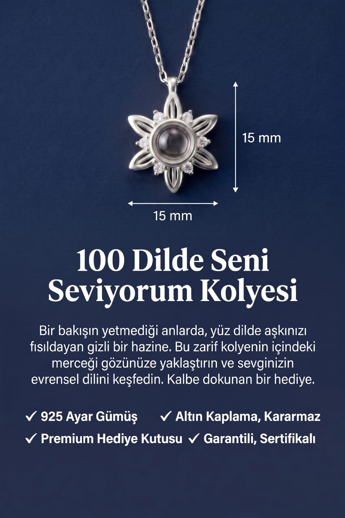 Jewelmim 100 Dilde Seni Seviyorum Çiçek Beyaz Altın Kaplama Gümüş Kolye Kullanım Detay Çekimi, hediye gümüş kolye modelleri