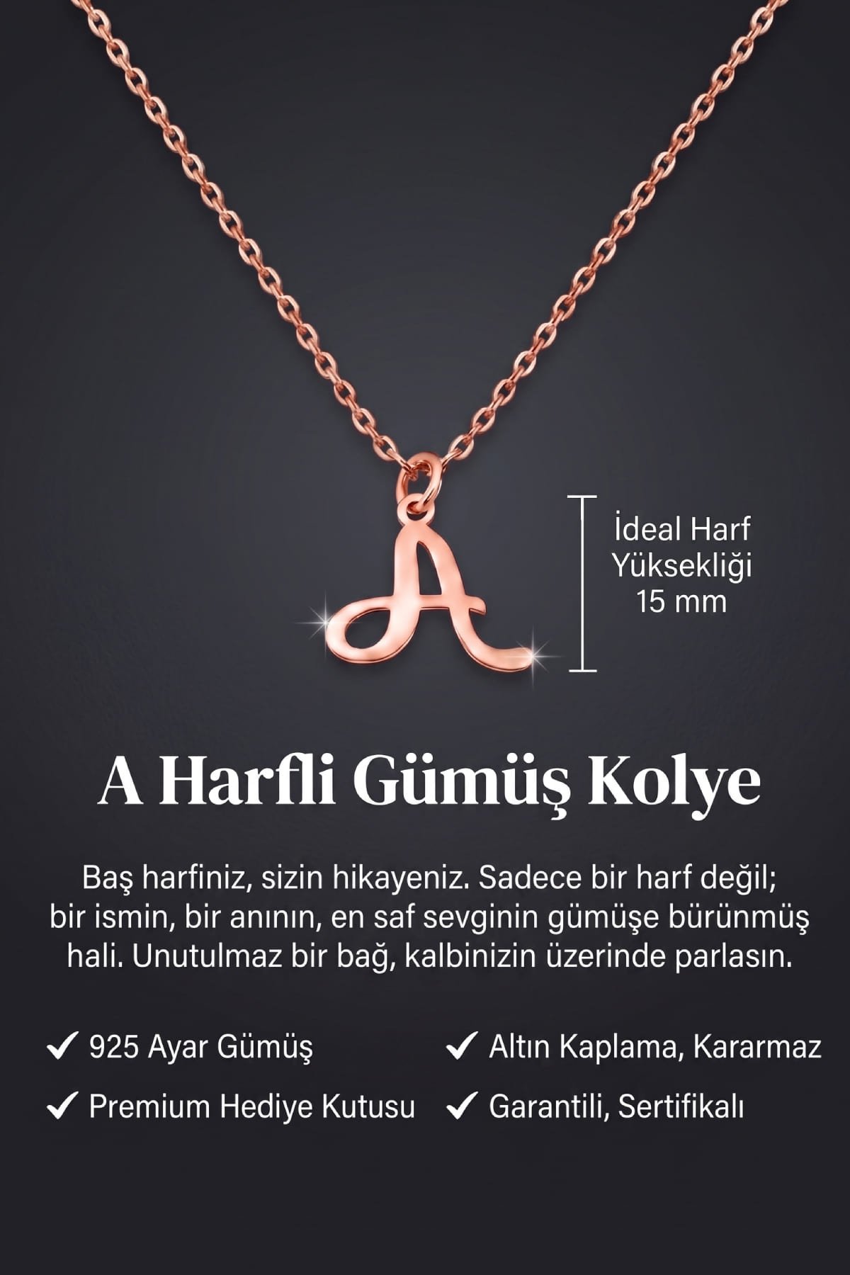 Jewelmim A Harfi Rose Altın Kaplama Gümüş Kolye Görünüm Detay Çekimi, doğum günü gümüş kolye hediyesi, özel tasarım gümüş kolyeler