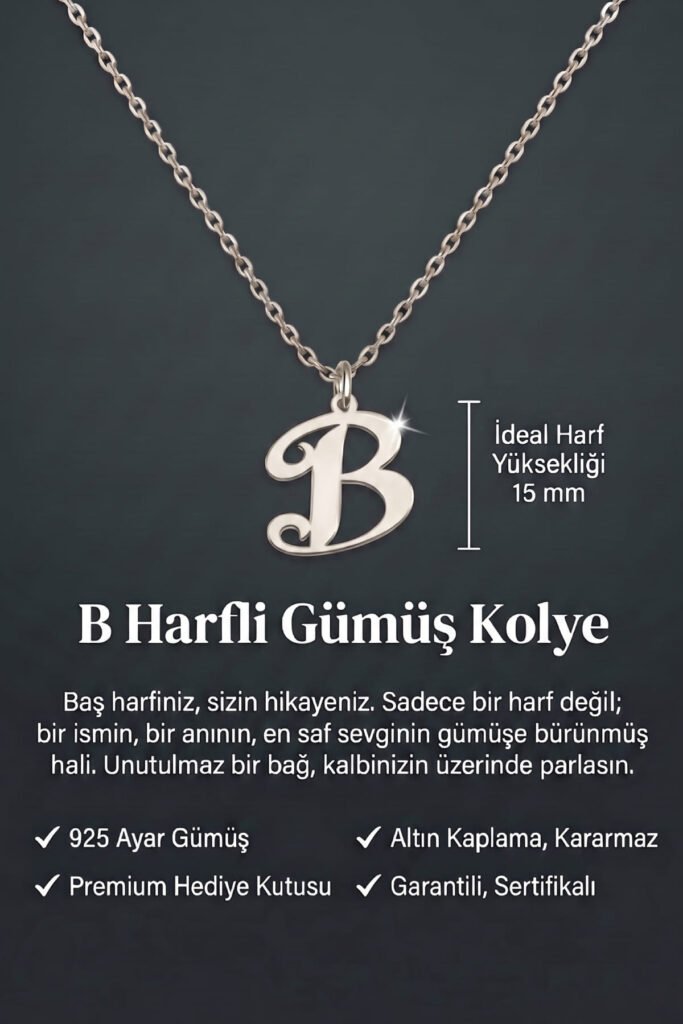 B Harfi 925 Ayar Gümüş Kolye | 18 Ayar Vermeil Premium Beyaz Altın Kaplama