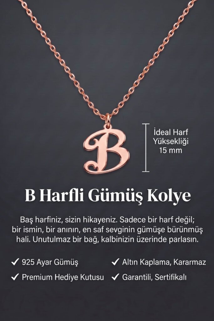 B Harfi 925 Ayar Gümüş Kolye | 18 Ayar Vermeil Premium Rose Altın Kaplama