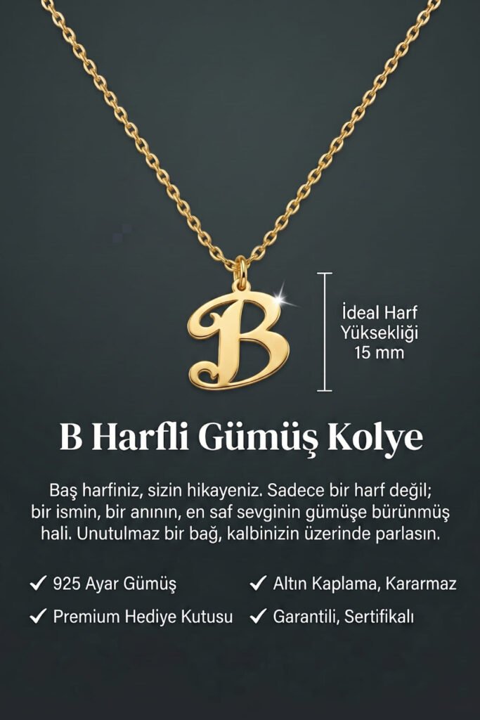 B Harfi 925 Ayar Gümüş Kolye | 18 Ayar Vermeil Premium Sarı Altın Kaplama