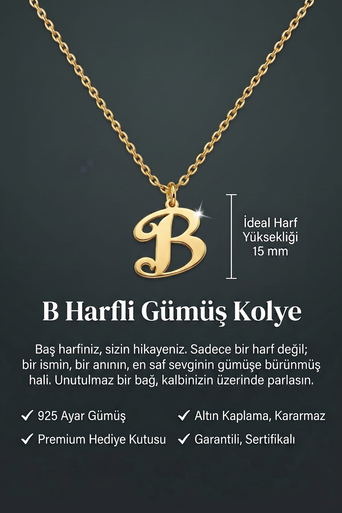 Jewelmim B Harfi Sarı Altın Kaplama Gümüş Kolye Görünüm Detay Çekimi, doğum günü gümüş kolye hediyesi, özel tasarım gümüş kolyeler