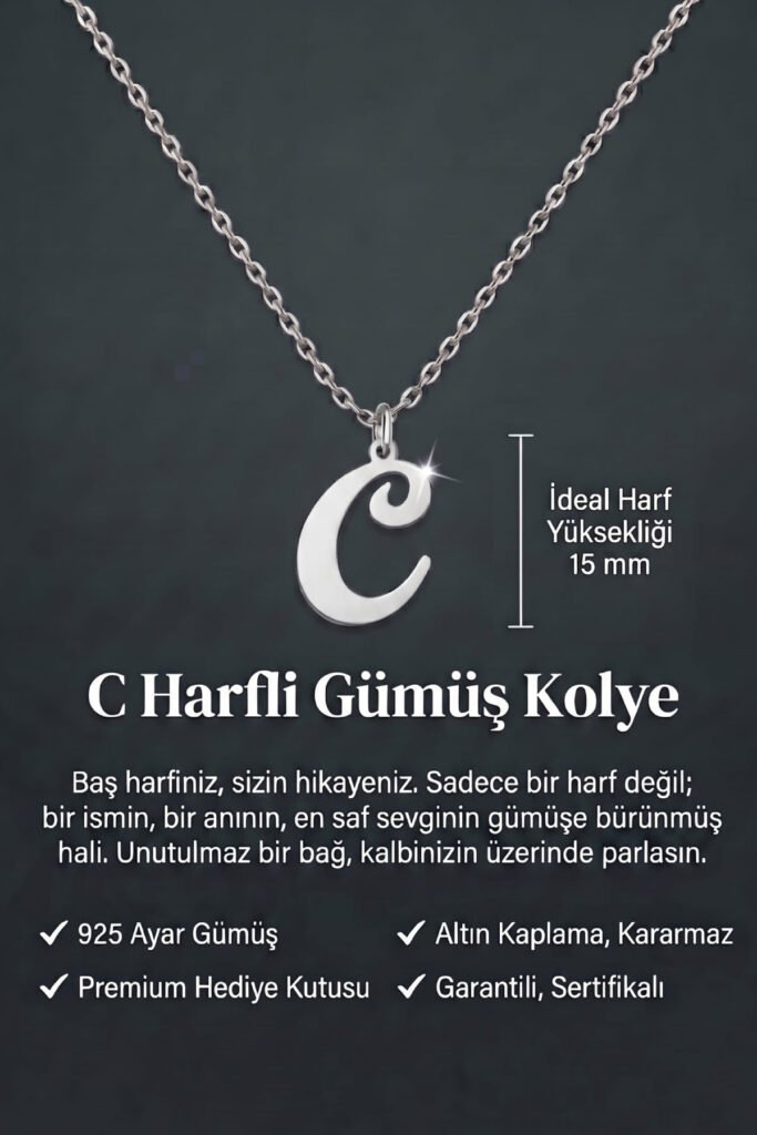 C Harfi 925 Ayar Gümüş Kolye | 18 Ayar Vermeil Premium Beyaz Altın Kaplama