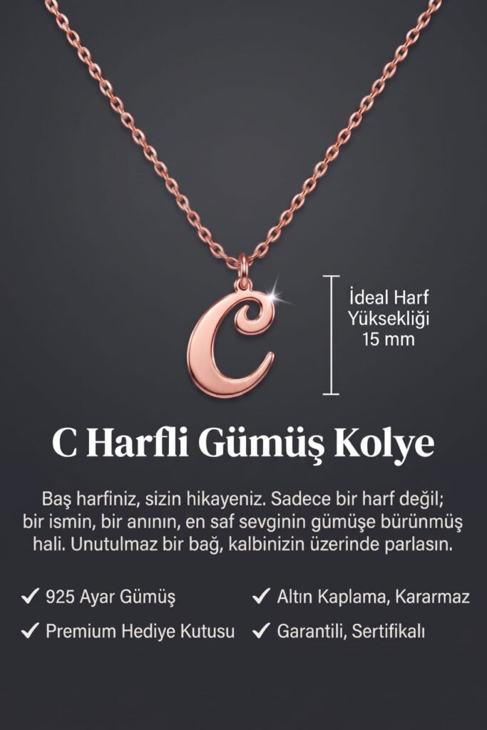 C Harfi 925 Ayar Gümüş Kolye | 18 Ayar Vermeil Premium Rose Altın Kaplama