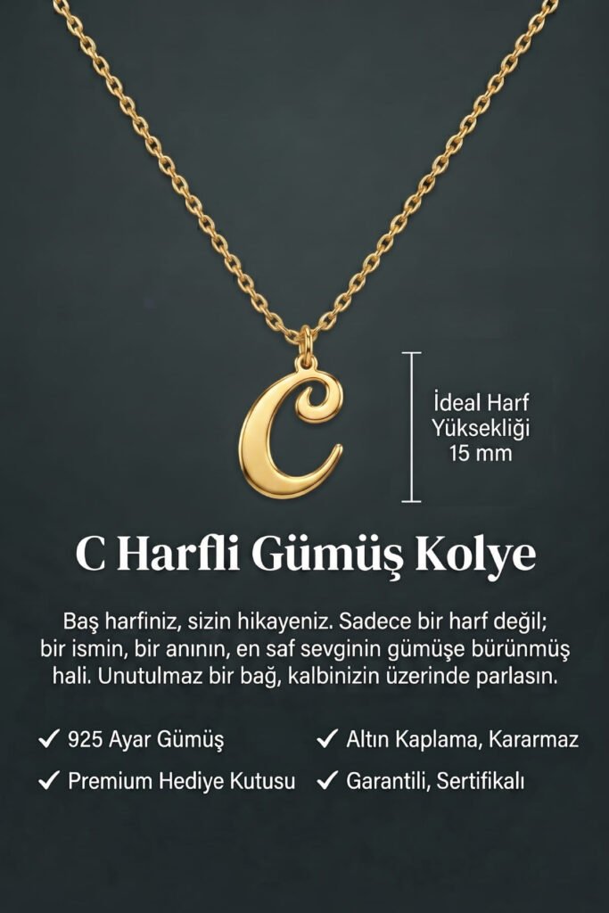 C Harfi 925 Ayar Gümüş Kolye | 18 Ayar Vermeil Premium Sarı Altın Kaplama