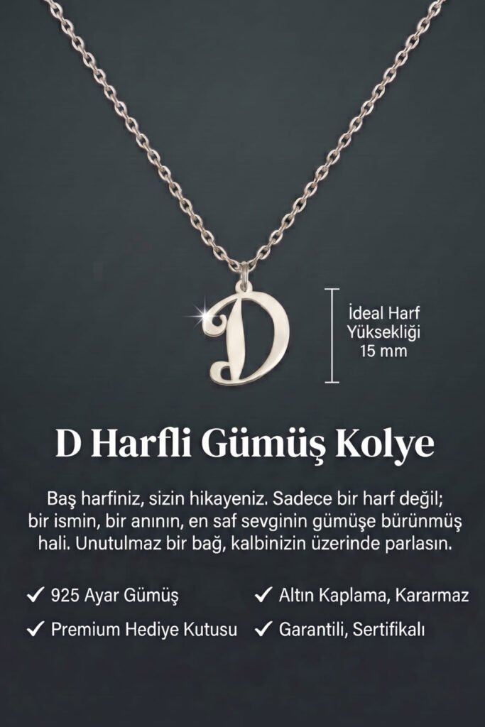 D Harfi 925 Ayar Gümüş Kolye | 18 Ayar Vermeil Premium Beyaz Altın Kaplama