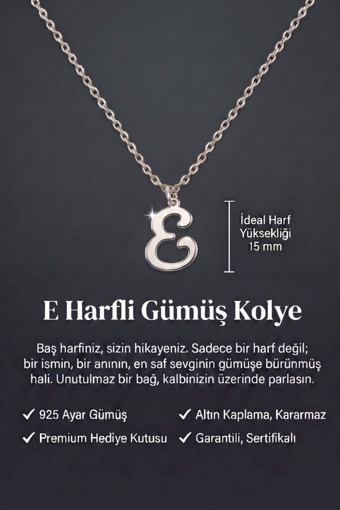 E Harfi 925 Ayar Gümüş Kolye | 18 Ayar Vermeil Premium Beyaz Altın Kaplama