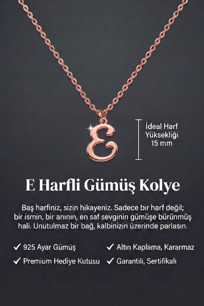 E Harfi 925 Ayar Gümüş Kolye | 18 Ayar Vermeil Premium Rose Altın Kaplama