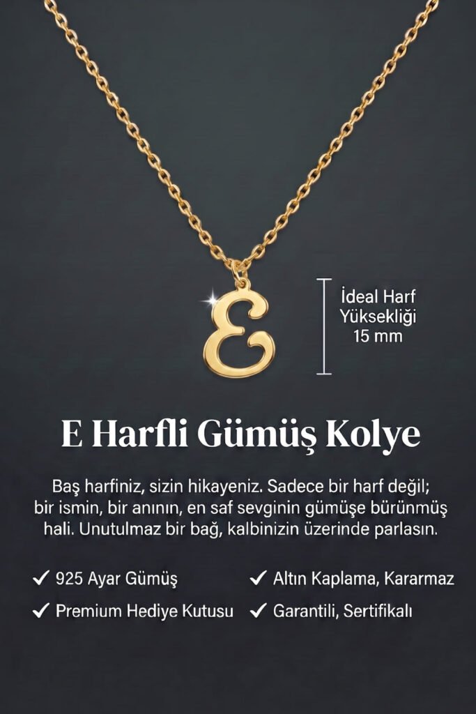 E Harfi 925 Ayar Gümüş Kolye | 18 Ayar Vermeil Premium Sarı Altın Kaplama