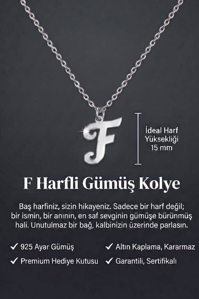 F Harfi 925 Ayar Gümüş Kolye | 18 Ayar Vermeil Premium Beyaz Altın Kaplama